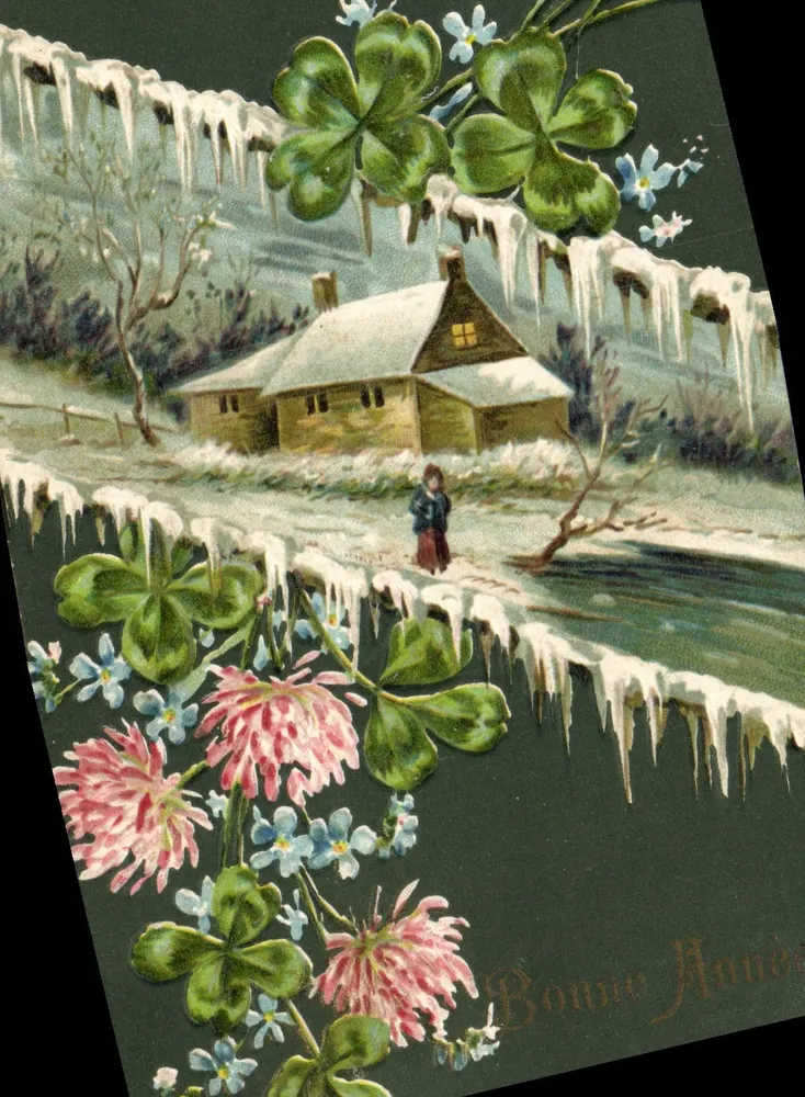 Cena invernal com casa nevada — texto 'Bom Ano' - Frente