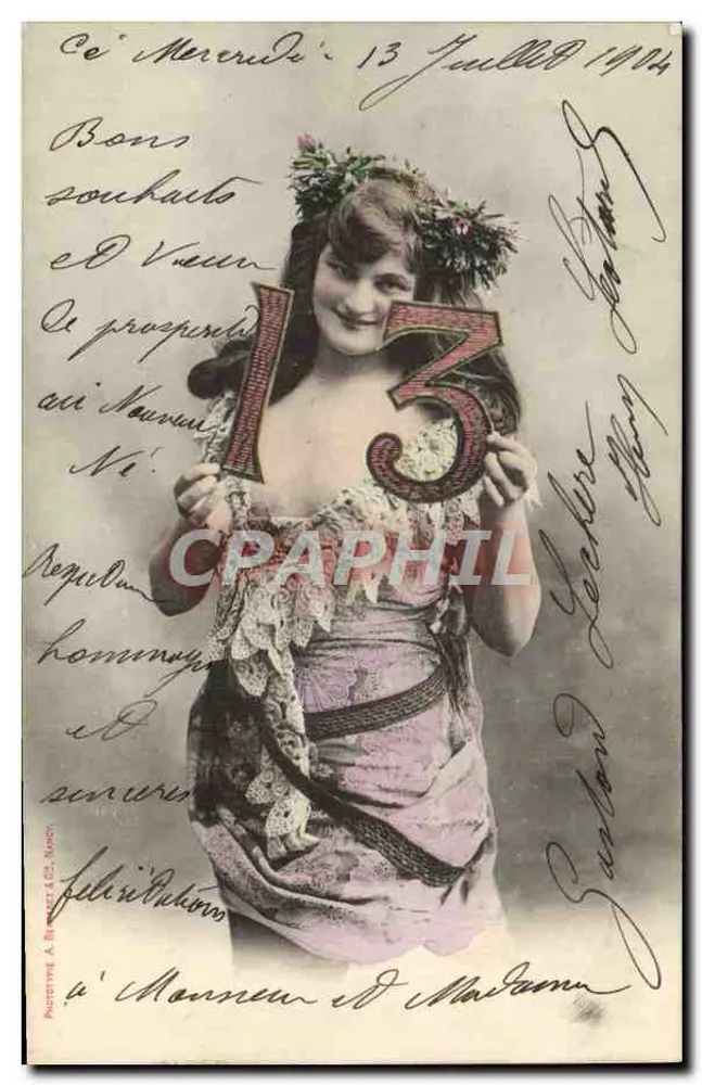 Frau in einem rosa Kleid mit der Zahl 13 — Prosperität — Phototypie A. BERNET & Cie, Nancy - Vorderseite