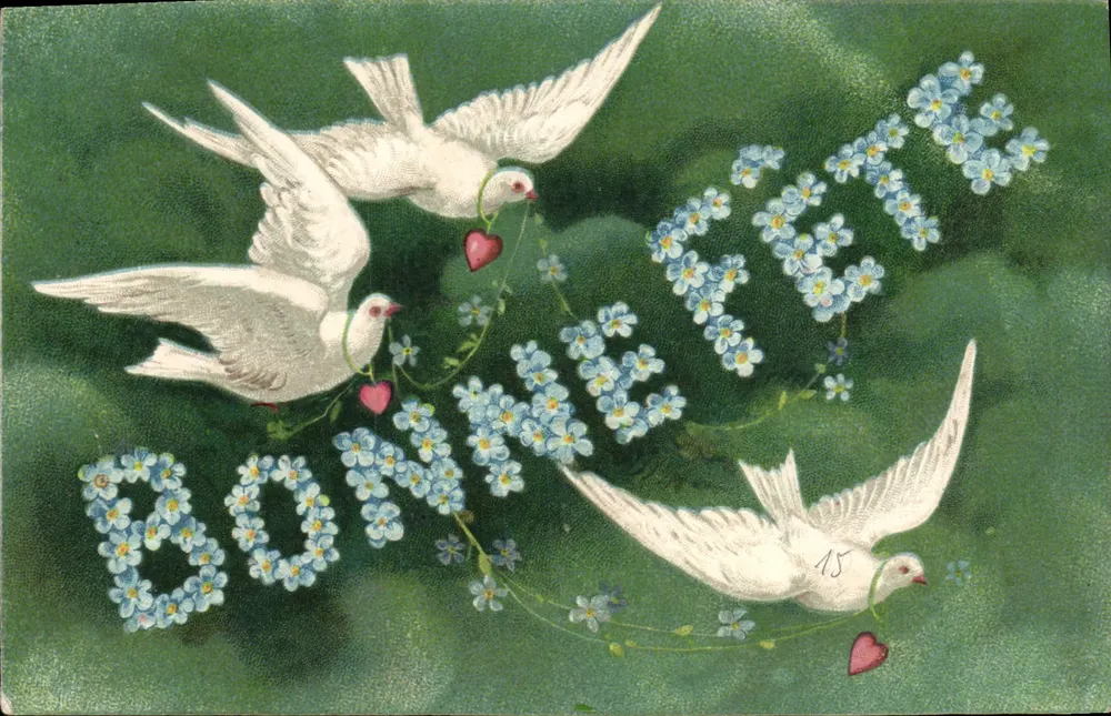 Pombas e flores — Boas Festas — Carta postal da União Postal Universal - Frente