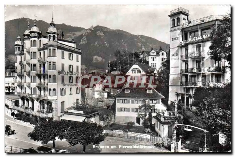 Fonte no Lago de Bienne — vista dos hotéis Métropol e Eden — Photoglob-Wohrli AG, Zurique - Frente
