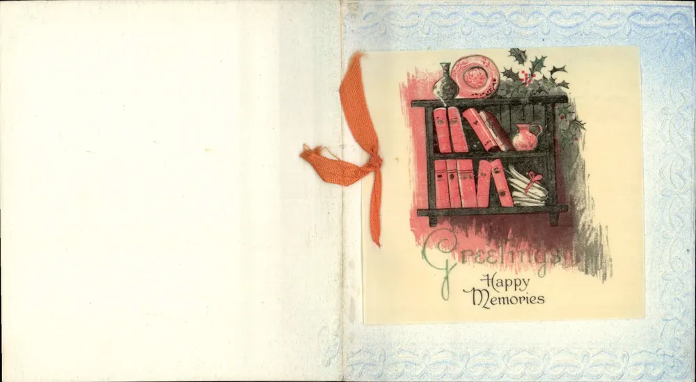 Carta de boas-vindas com ilustração de biblioteca — 'Greeting Happy Memories' — editor não identificado - Frente