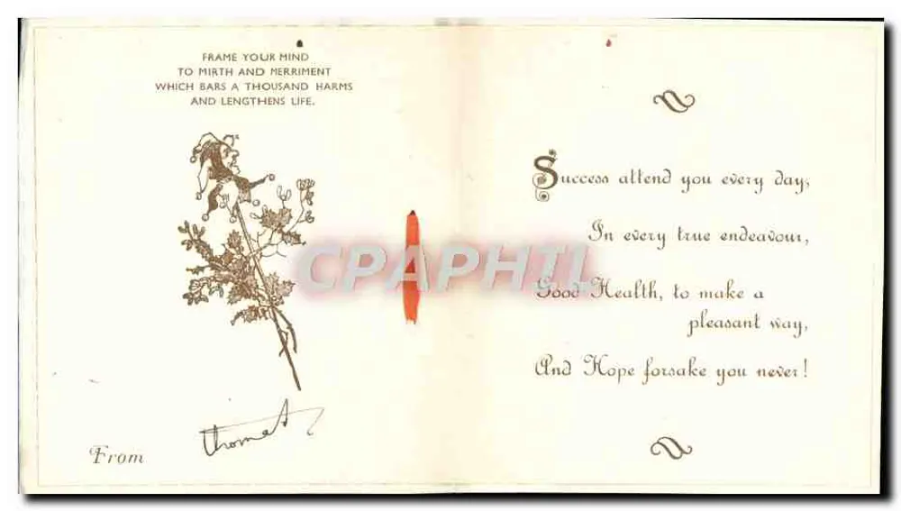 Carta de boas-vindas com ilustração de biblioteca — 'Greeting Happy Memories' — editor não identificado - Verso