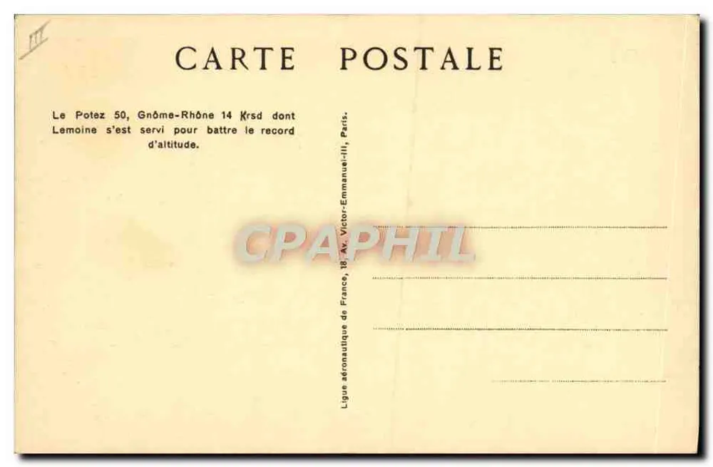 Flugzeug Potez 50 — Gnôme-Rhône 14Krsd — Ligue aéronautique de France, Paris - Rückseite