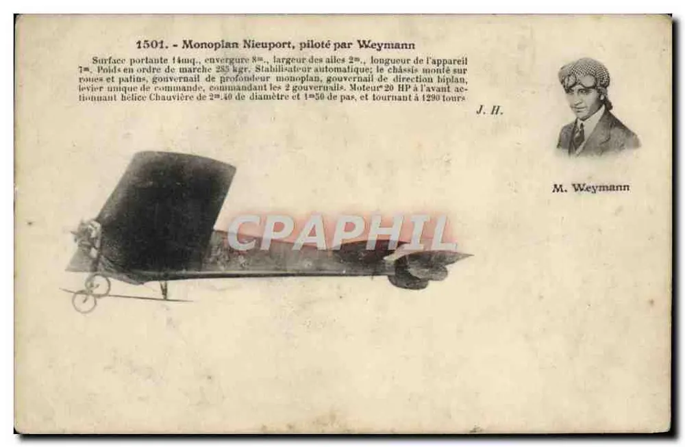 Einflügeliger Nieuport, geflogen von Weymann — Nr. 1501 — Verlag J. Hauser, Paris - Vorderseite