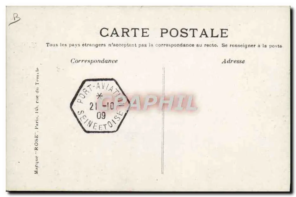 Conde de Lambert, sobre "Wright" em Reims — 25 de agosto de 1909 — Bilhete postal antigo n°46 - Verso