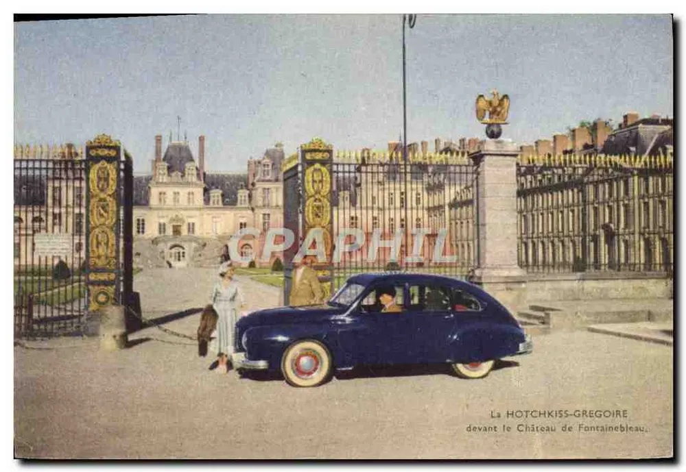 Die Hotchkiss-Grégoire vor dem Schloss Fontainebleau — Werbeausgabe - Vorderseite