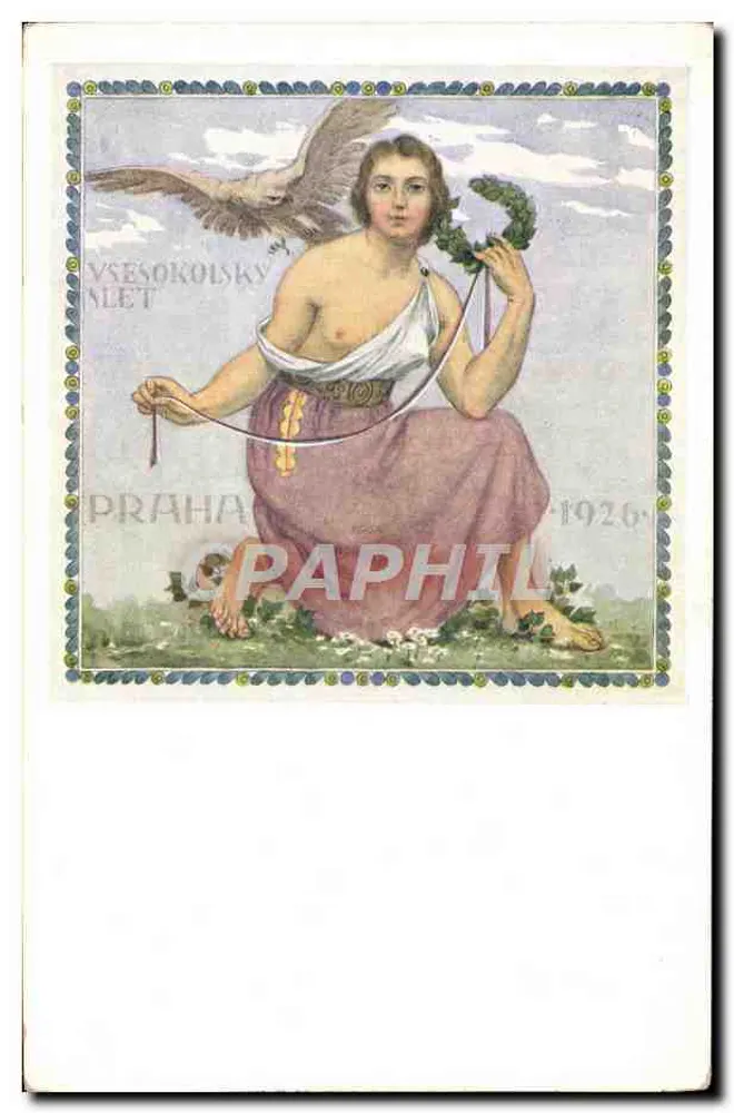 젊은 여성과 독수리 — 제8회 바세소콜스키 전람회 1926 — 발행사 체코슬로바키아 프라하 지방회 - 앞면