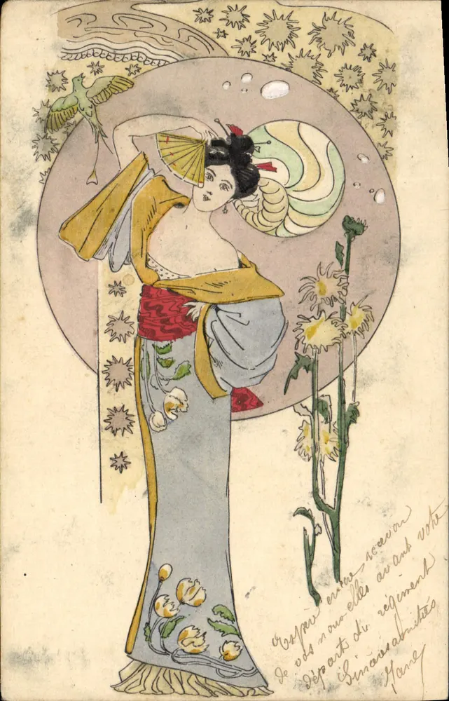 Junge Frau im Kimono — Art nouveau Stil — Verlag Mangé, Serie 458 - Vorderseite