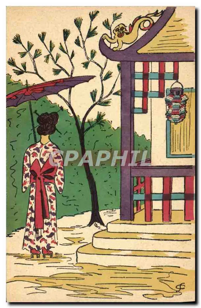 Frau im Kimono unter einem Schirm — Japan — Verlag unbekannt - Vorderseite