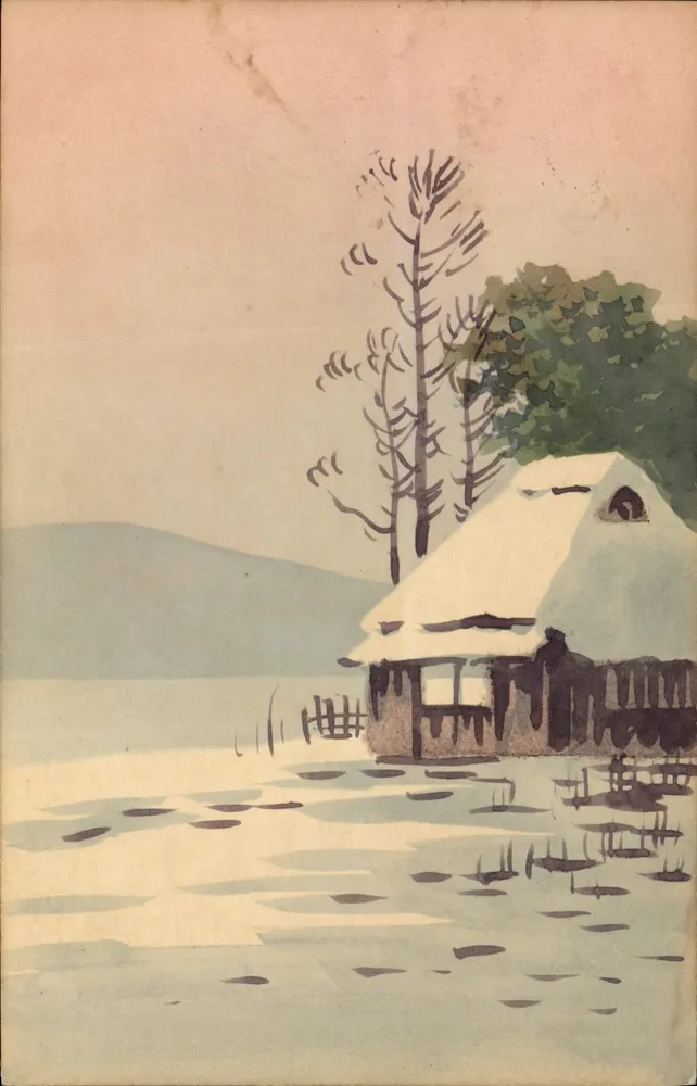 Paisagem invernal com cabana — Japão — editor desconhecido, número de série não visível - Frente