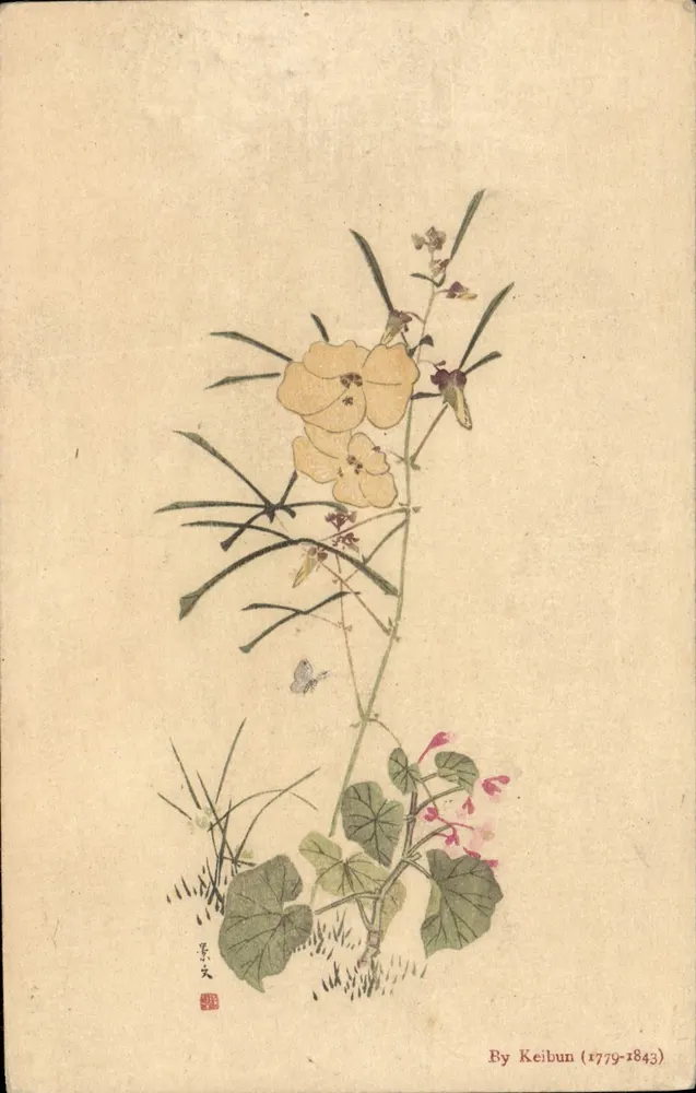 Flores e borboleta — obra de Keibun (1779-1843) — editada por TIE BUNBIH RON, Tóquio - Frente