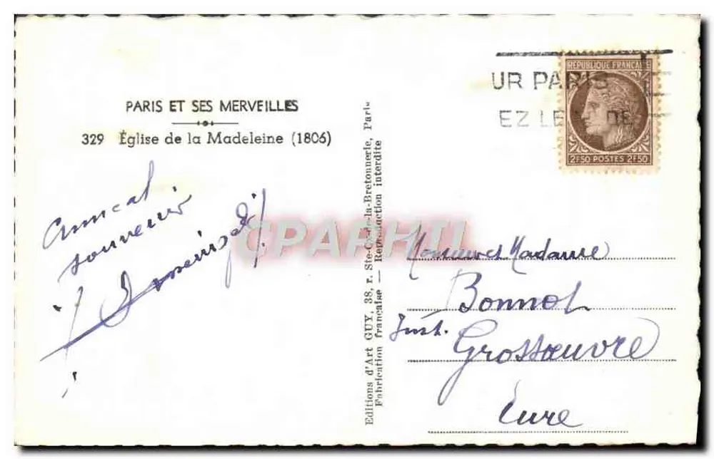 Igreja da Madeleine — Paris — Éditions d'Art Guy - Verso