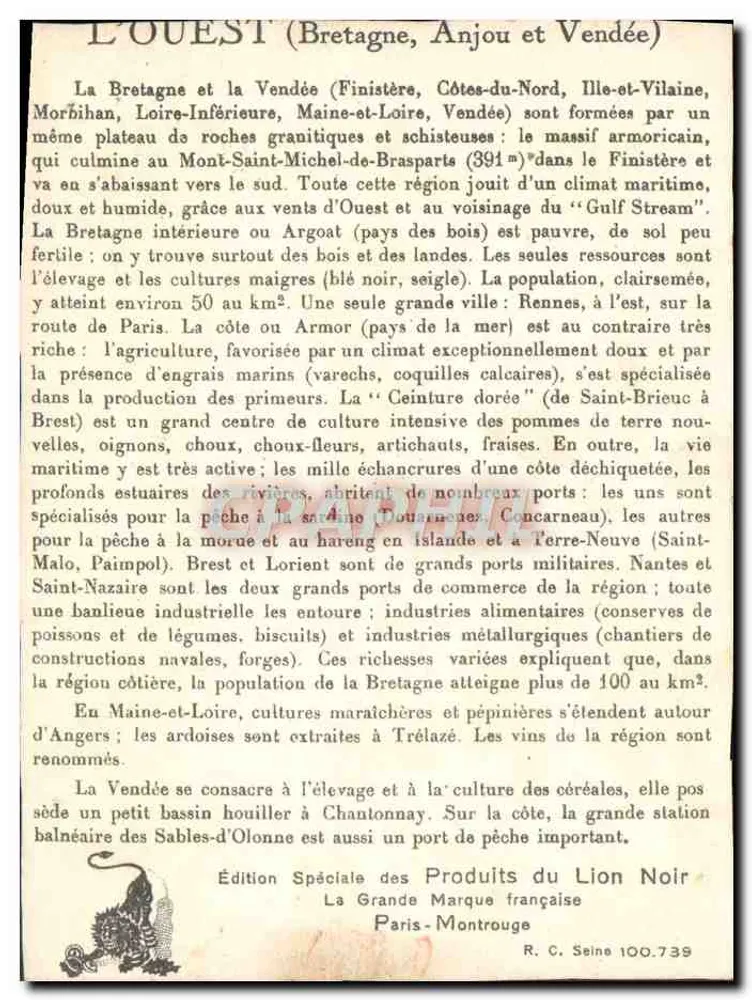 O Oeste (Bretanha, Anjou e Vendée) — Edição Especial dos Produtos do «Lion Negro» — Grafite - Verso
