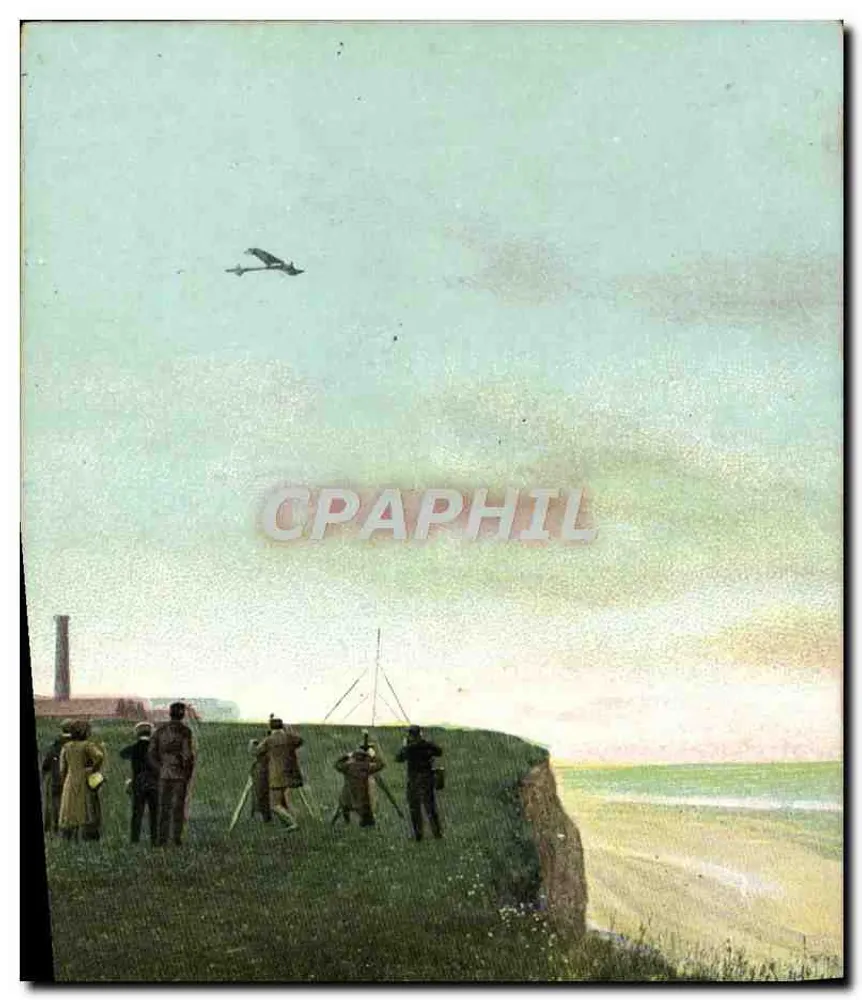 Gruppe von Personen, die ein Flugzeug beobachten — Ansicht von einem Hügel — Verlag unbekannt - Vorderseite