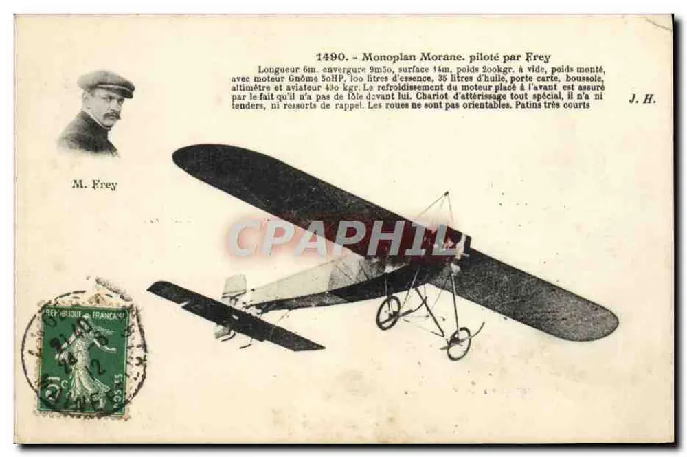 Monoplan Morane — avion piloté par M. Frey — éditeur J. Hauser, phot.-édit., Paris - Anverso