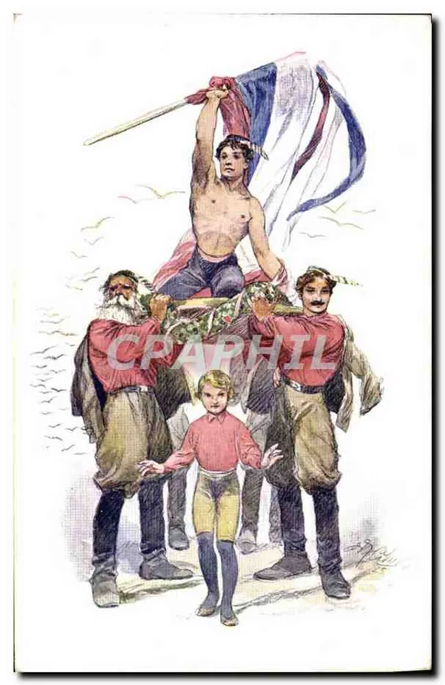 Gruppe junger Männer und ein Kind — patriotische Illustration mit Fahne — Verlag Č.O.S. Praha III, Tyršův dům - Vorderseite