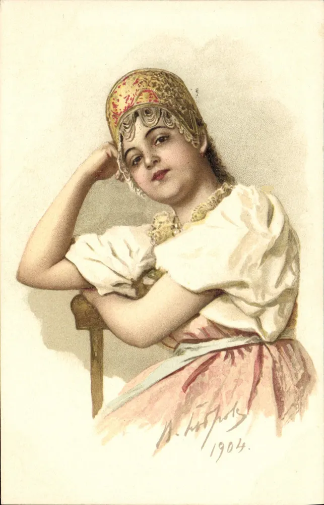 Junge Mädchen im traditionellen Kleid — farbiges Holzschnitt — M. Tchitkof, 1904 - Vorderseite