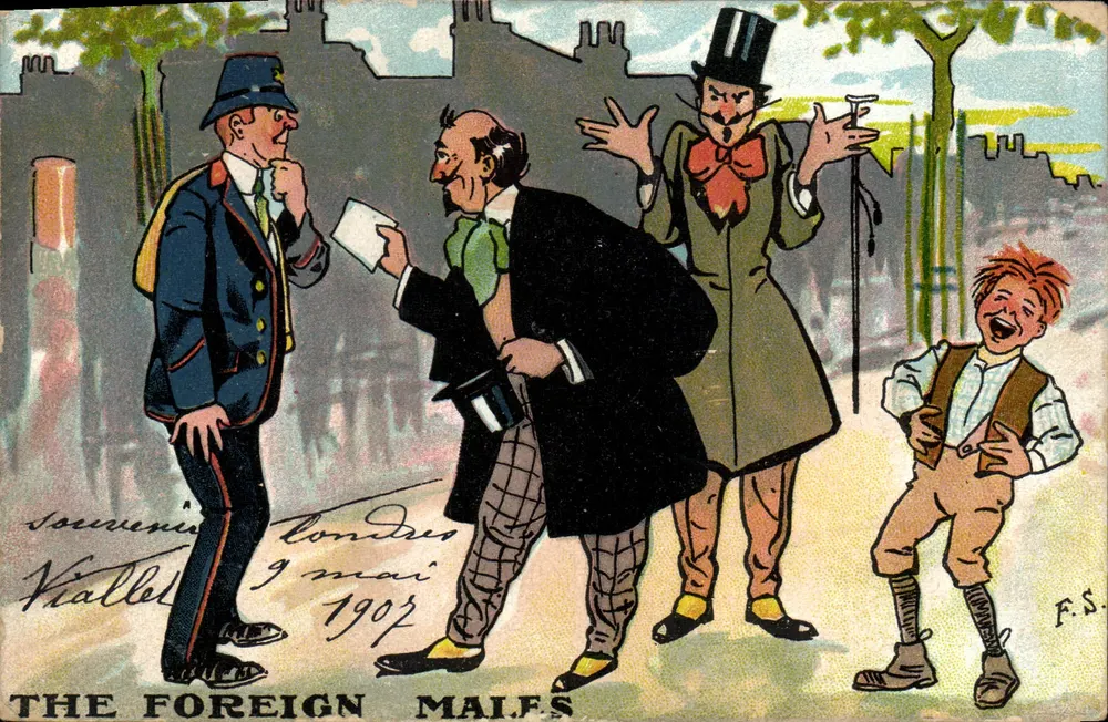 Die Fremden — humoristische Karikatur — Pictorial Post Card Pioneers, London - Vorderseite