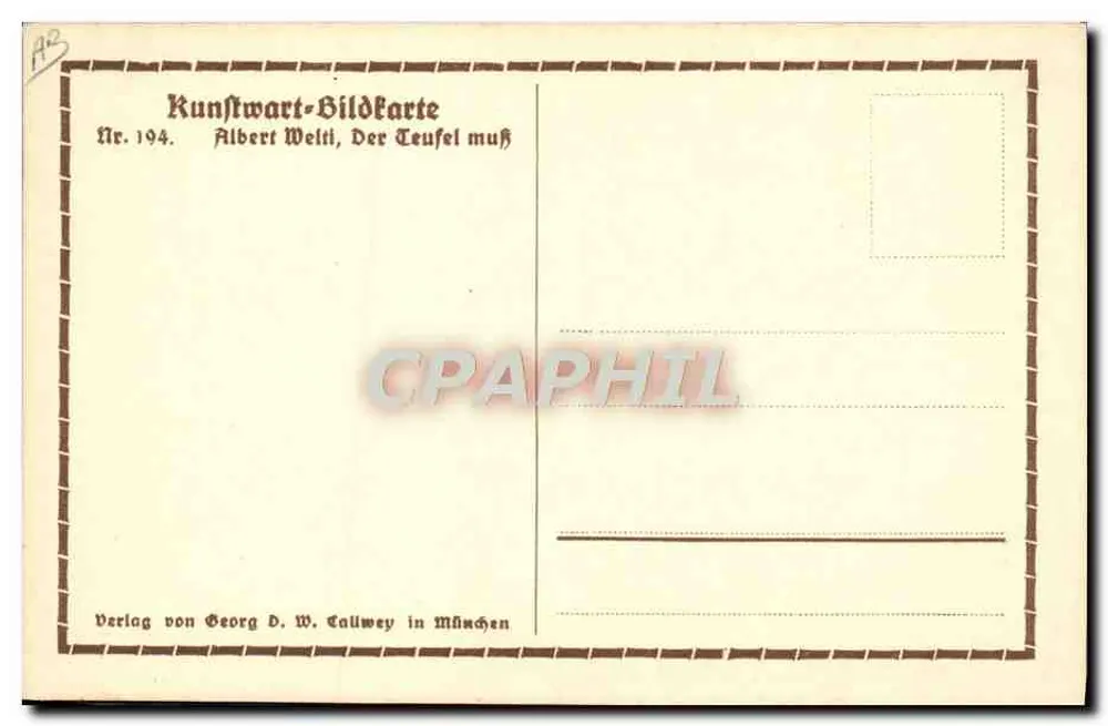 Albert Welti — Der Teufel muß — Kunstwart-Bildkarte Nr. 194, Verlag Georg D. W. Callwey in München - Rückseite