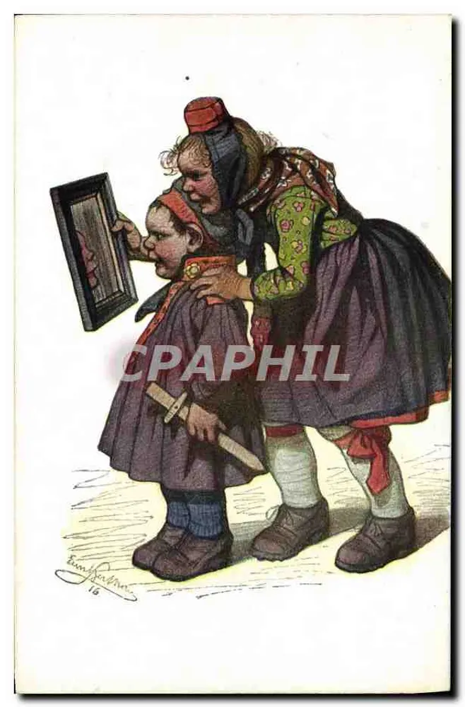 Zwei Kinder in Volkskleidung — Illustration signiert von E. Fadner — n°16 - Vorderseite
