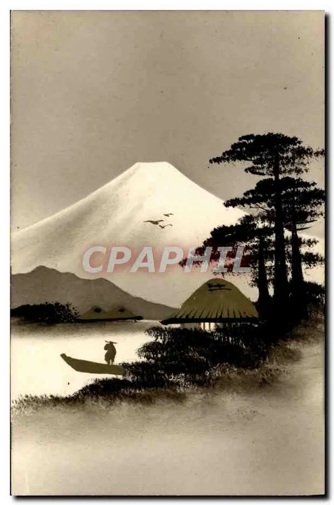 Monte Fuji — vista lacustre com pescador — cartão postal japonês - Frente