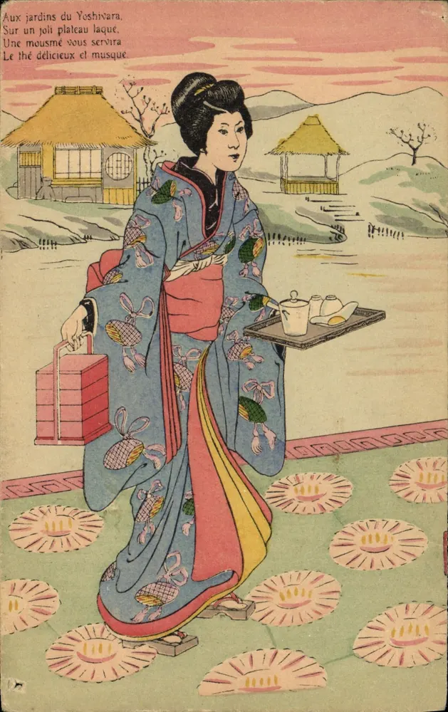 Garten von Yoshivara — Eine Geisha, die Tee serviert — Verlag Vellat, Nr. B - Vorderseite