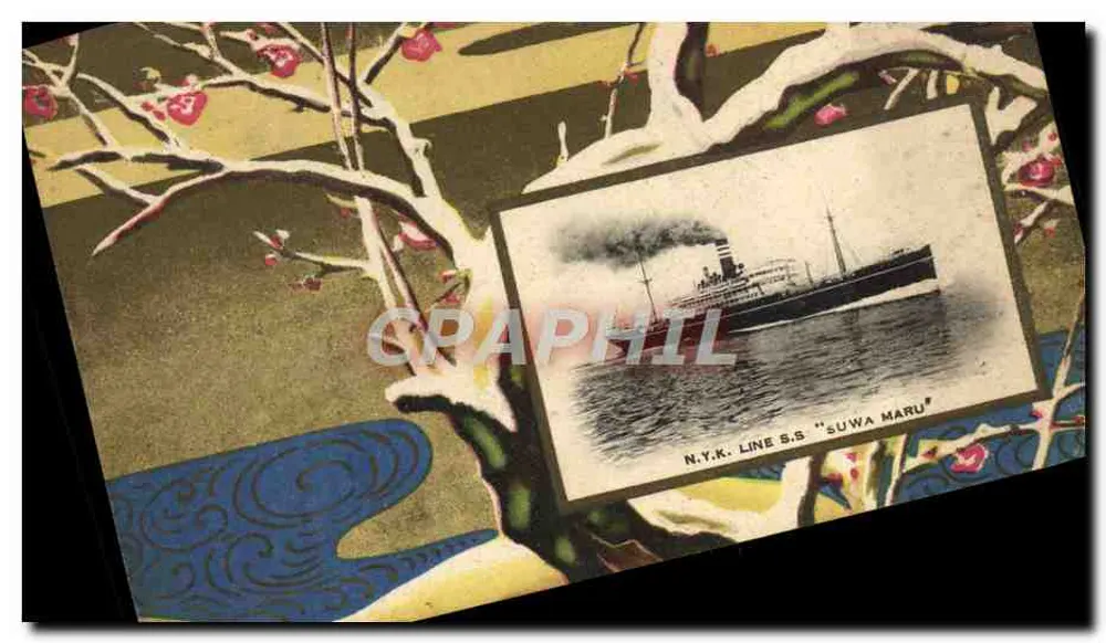 N.Y.K. Line S.S. "Suwa Maru" — Illustration eines Schiffs unter schneebedeckten Kirschzweigen — Verlag N.Y.K. Line - Vorderseite