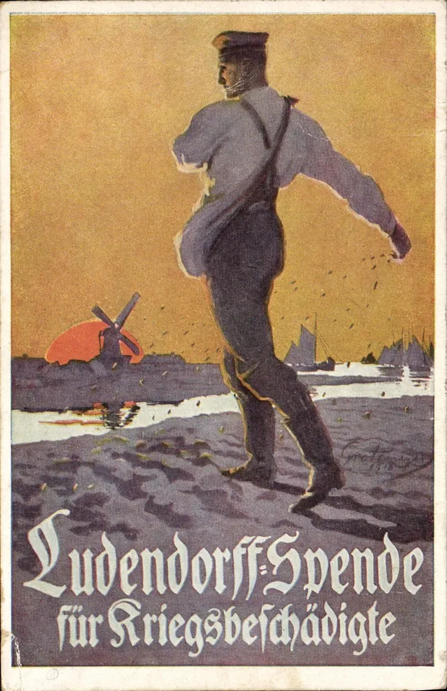 Soldado marchando em direção a uma moinha de vento — Doação Ludendorff para vítimas de guerra — Carte de visite artística nº 6 de Fritz Grottemeyer, Berlim - Frente