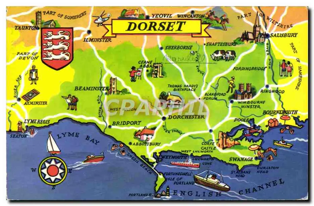 Dorset — Ilustrowana kartka pocztowa z mapą i atrakcjami turystycznymi — Coloumaster International - Awers