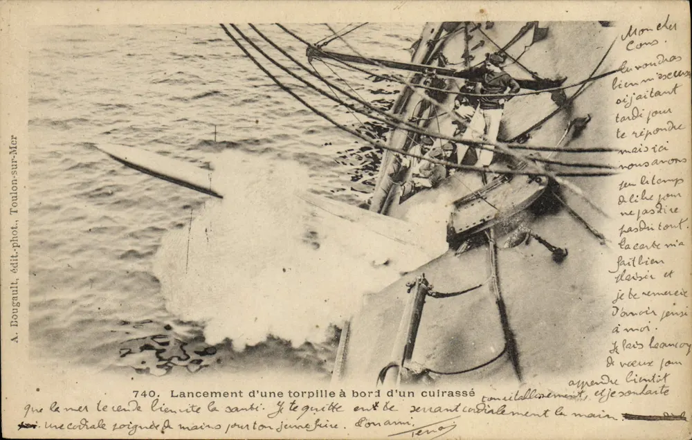 Start einer Torpedowaffe an Bord eines Schlachtschiffes — A. Bongault, Verlag-Fotograf, Toulon-sur-Mer, n°740 - Vorderseite