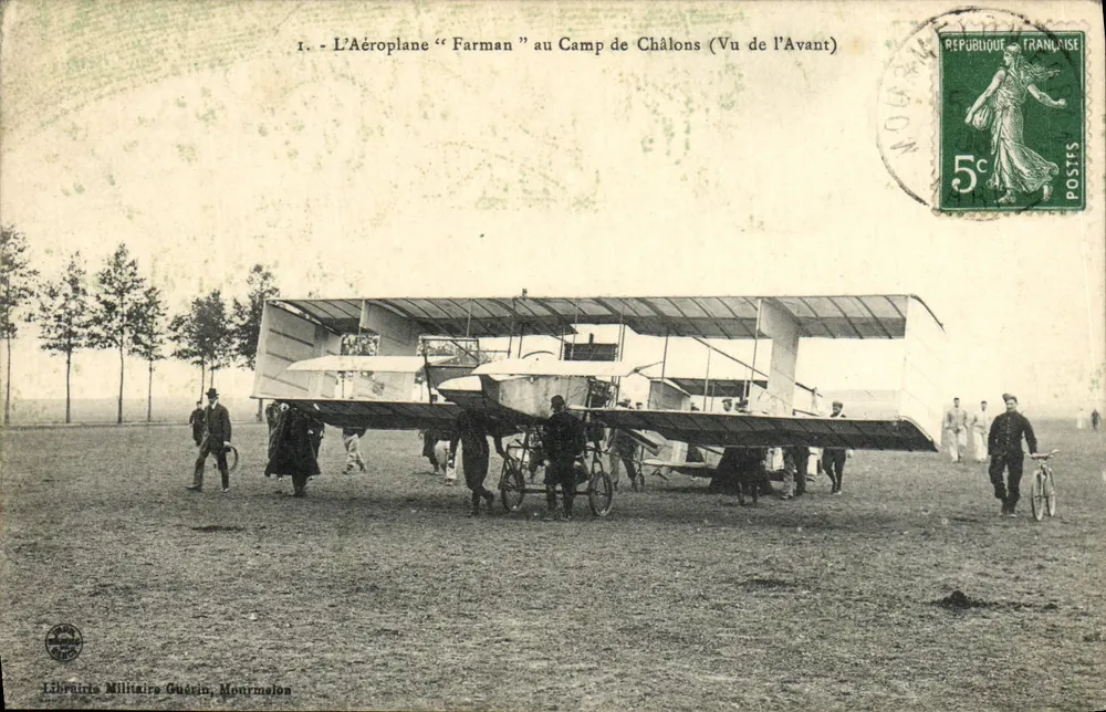 Das Flugzeug "Farman" am Camp de Châlons — Ansicht von Vorne — Militär-Buchhandlung Guérin, Mourmelon - Vorderseite