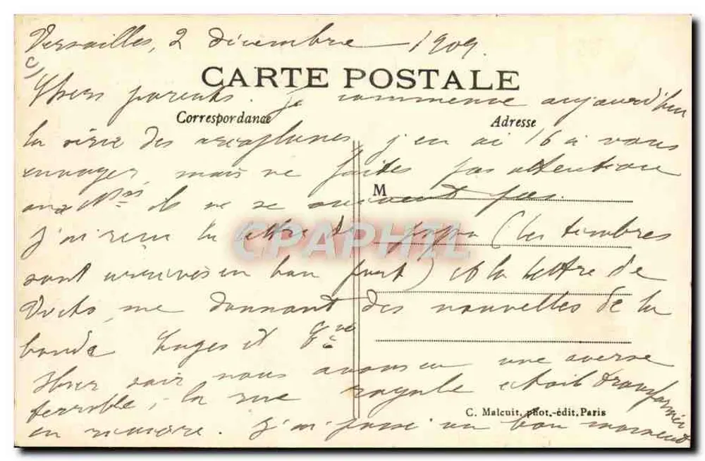 Empfang bei den Arts and Crafts für das Flugzeug, mit dem Blériot seine berühmte Überquerung des Ärmelkanals unternahm — 25. Juli 1909 — C. Maleuit, phot.-verlag Paris - Rückseite