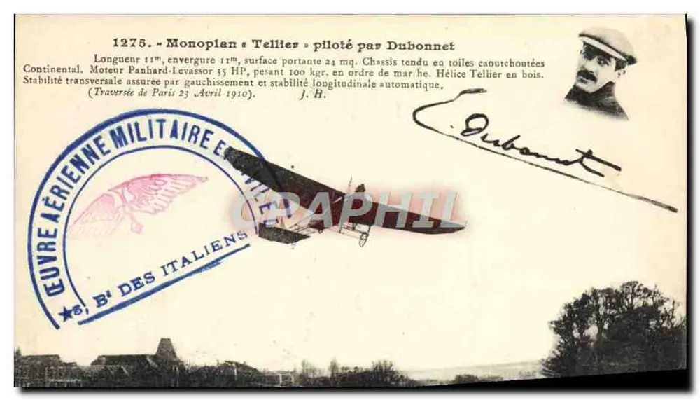 Einmannflugzeug « Tellier », geflogen von Dubonnet — Durchquerung von Paris, 23. April 1910 — J. Hauser, Paris - Vorderseite