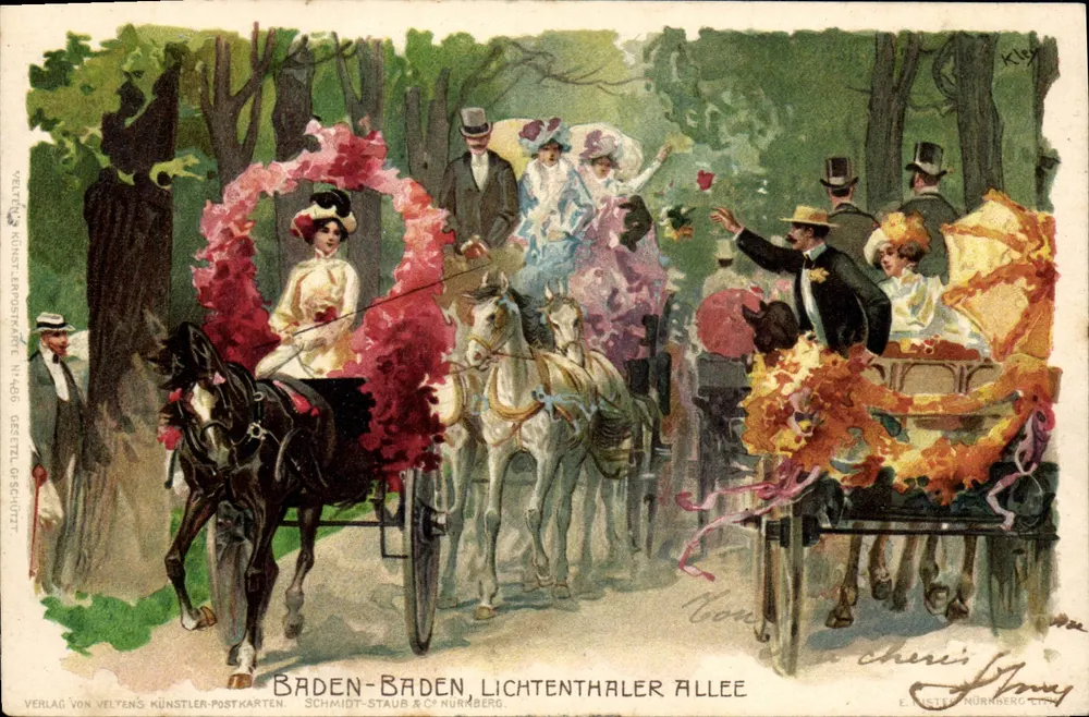 Baden-Baden, Lichtenthaler Allee — Blick auf eine Kutschefahrt — Verlag VELTEN'S KÜNSTLER-POSTKARTEN, N. 466 - Vorderseite