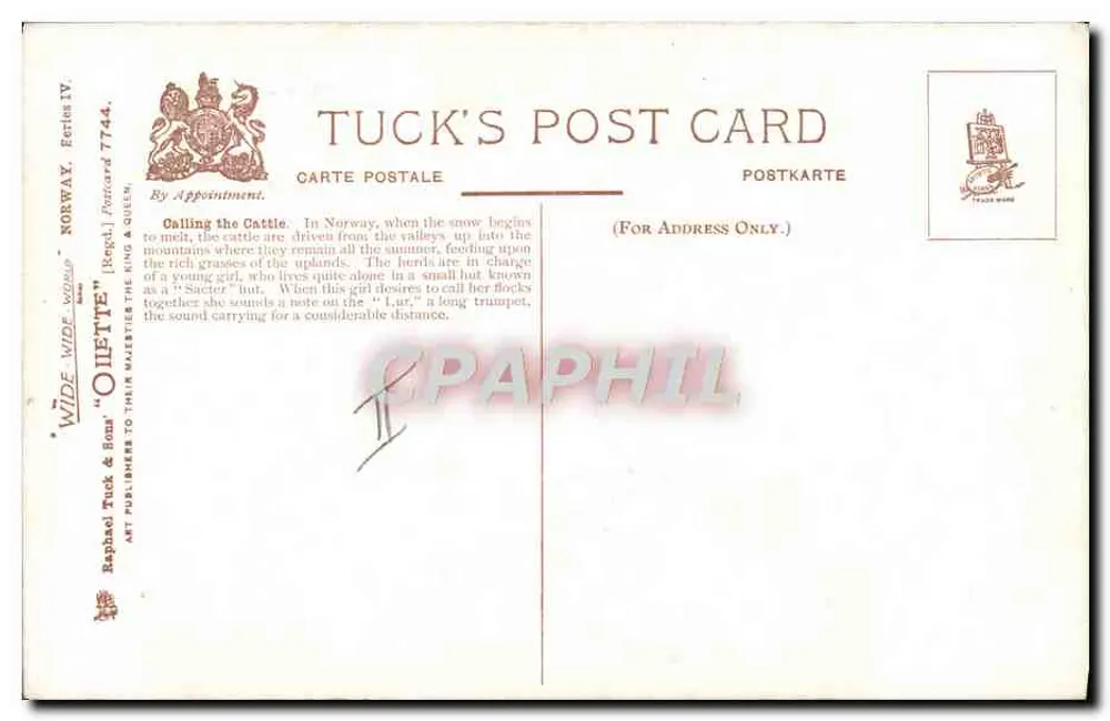 Frau, die die Kühe ruft — Norwegen — Tuck's Post Card, Serie IV, Nr. 7744 - Rückseite