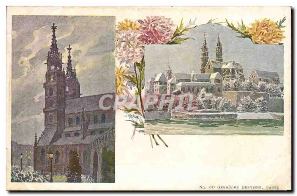 Igreja de Estrasburgo — vista da catedral e do bairro — editor Gebbrüder Bertschi, Hasel, n° 68 - Frente