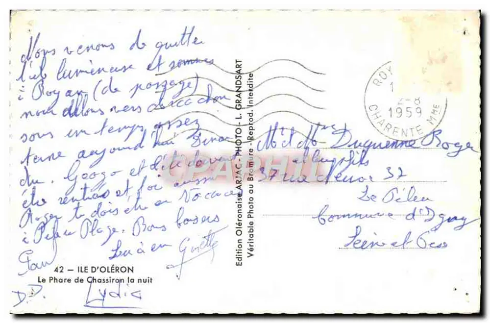 Farol de Chassiron — noite — Edição Oléronaise, Artac, L. Grandsart - Verso