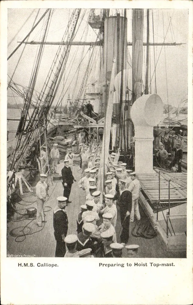 H.M.S. Calliope — Vorbereitung zum Hochziehen des Vormasts — Verlag P. G. F. & Co. - Vorderseite