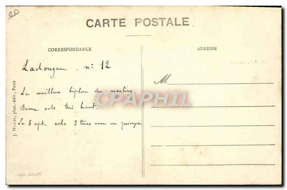 Dubbelploeg Goupy, bestuurd door Ladougné — n°1412 — J. Hazart, fotograaf-uitgever, Parijs - Achterkant