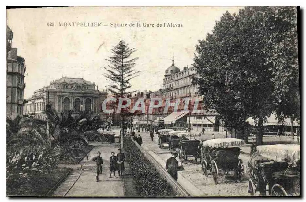 Montpellier — Praça da Estação de Alavas — editor M. T. imp. - Limoges, n° 625 - Frente