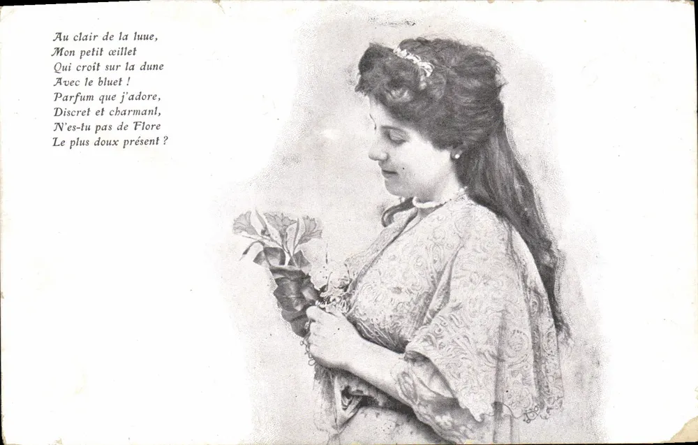 Jeune femme tenant un bouquet — scène de poésie amoureuse — éditeur GILLET MARITIME - Frente
