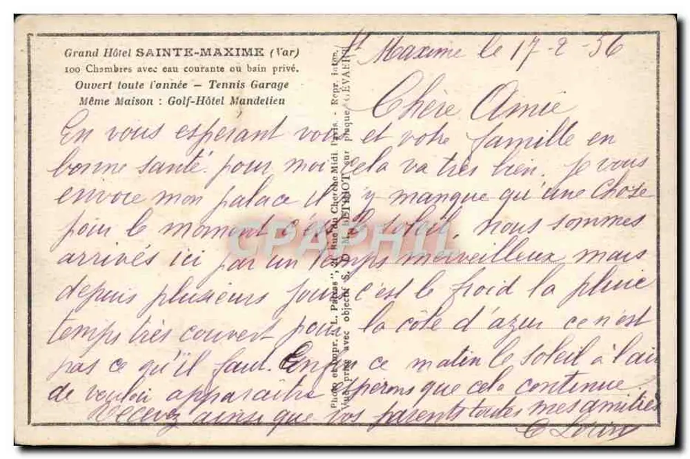 Grand Hôtel Sainte-Maxime — Var — editor Patras, número de série não visível - Verso