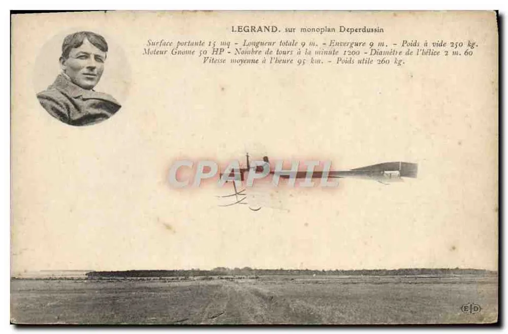 Piloto Légrand sobre monoplano Deperdussin — especificaciones técnicas — editor E.D. - Anverso