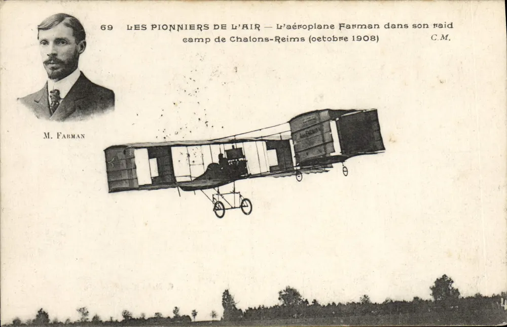 Les Pionniers de l'Air — L'aéroplane Farman dans son raid camp de Chalons-Reims (octobre 1908) — C.M. - Recto