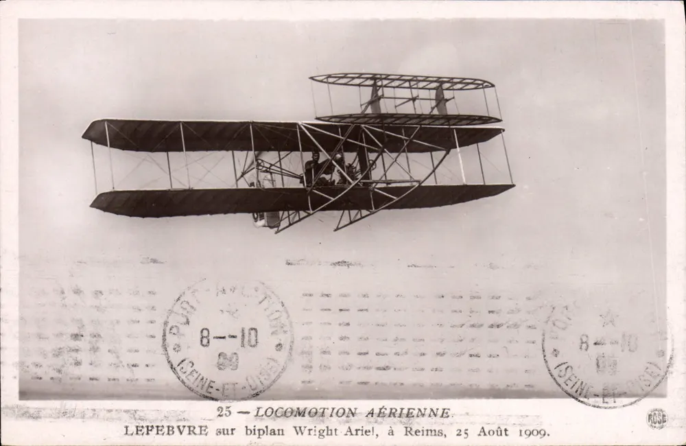 Reims — Voo do biplano Wright Ariel por Lefebvre — Locomoção Aérea - Frente