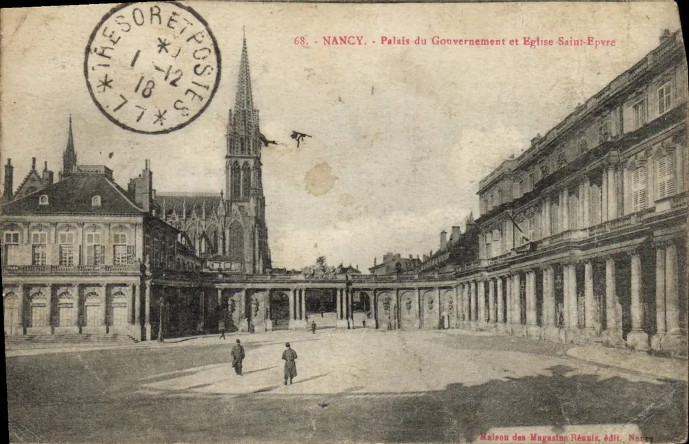 NANCY — Palais du Gouvernement et Église Saint-Epvre — Maison des Magasins Réunis, édit. Nancy - Recto