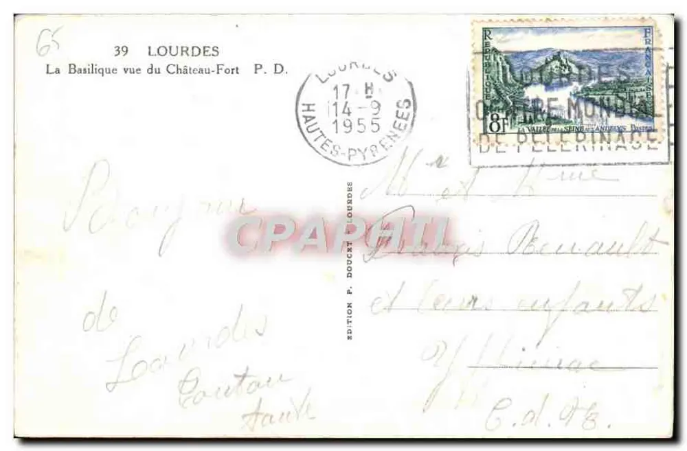Lourdes — La Basilique vue du Château-Fort — Édition P. Doucet Lourdes n°39 - Verso