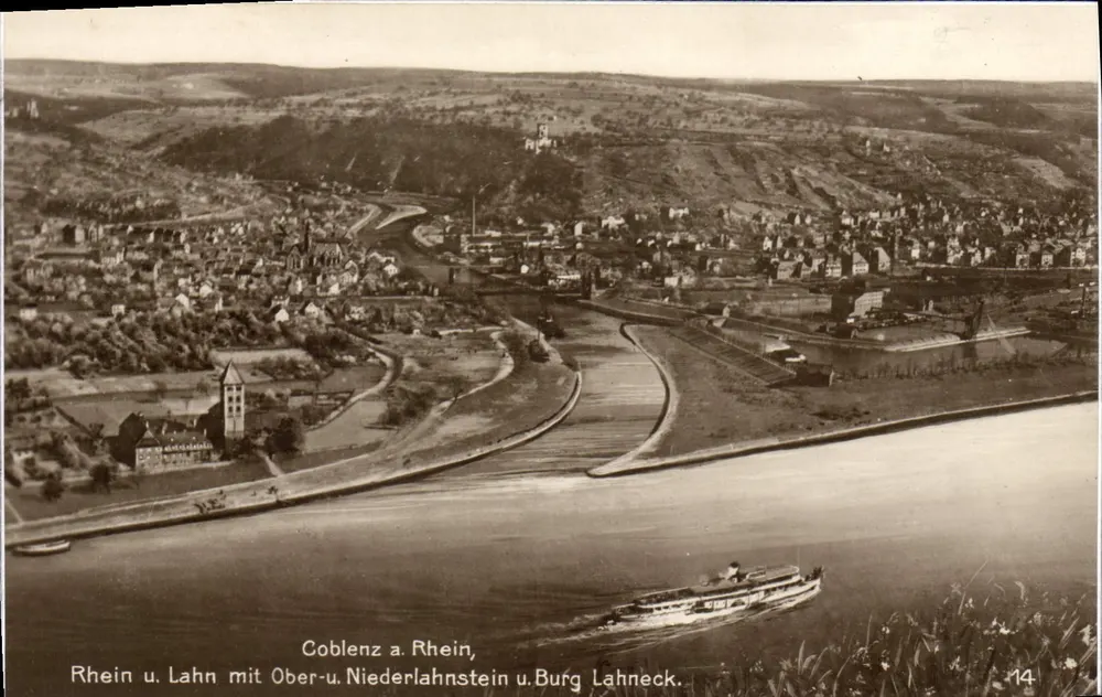 Coblenz a. Rhein — vista aérea dos rios Reno e Lahn com Ober- und Niederlahnstein e Burg Lahneck — Trinks & Co. G.m.b.H. (n°14) - Frente