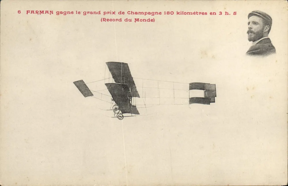 Aviation — Record du Monde — Farman gagne le grand prix de Champagne 180 kilomètres en 3 h. 5 - Recto