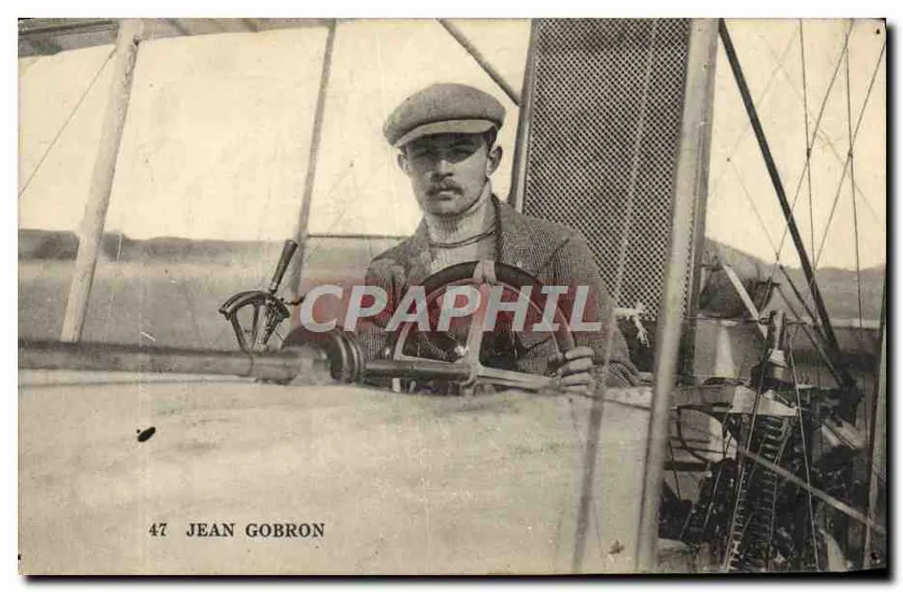 Jean Gobron — pilote dans un avion biplan — éditeur S.R.A. n°47 - Frente